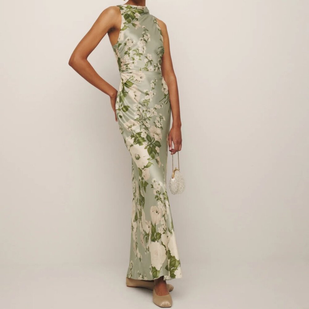 Reformation Floral Green and White Wedding Dress